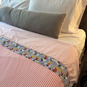 Vtg Disney Mickey Bedding Flat‎ Sheet Full Red White Ticking Stripe Cottage USA